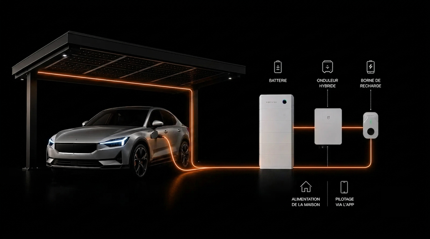 Écosystème énergétique du Carport LJ Metal : batterie, onduleur hybride, borne de recharge, alimentation de la maison et pilotage via l'application
